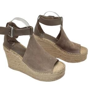 MARC FISHER Lannie Cognac Leather Platform Wedge Espadrille Sandals Tan Size 8.5